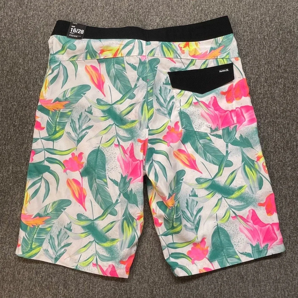 Hurley Boys Tropical Floral Board Shorts Pink Green White Size 16/28 Swim Trunks